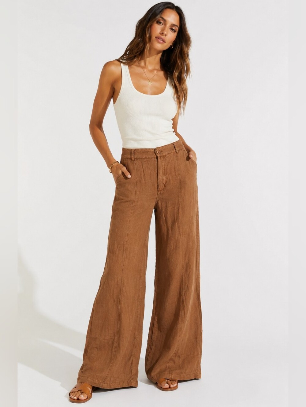 Young Fabulous & Broke Brown Linen Blend Wide Leg Pants Medium